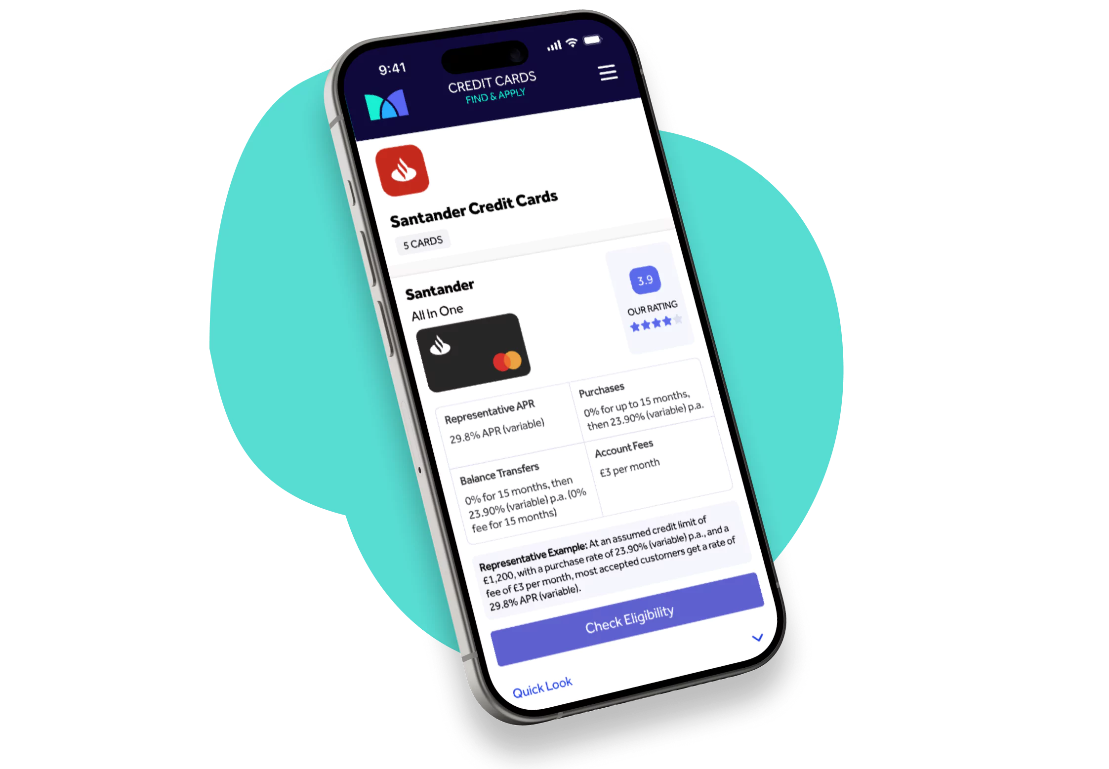 santander-eligibility-check Image of mobile displaying UK credit cards from Santander.